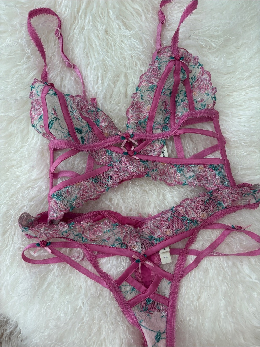 For love & lemons Pink Floral Lace Strappy Bralette & Thong Set